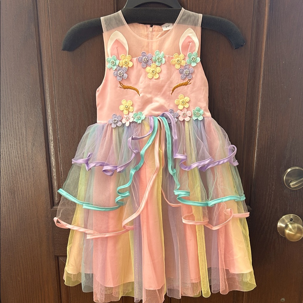 Floral Unicorn Kids Dress - Pink and Multicolor